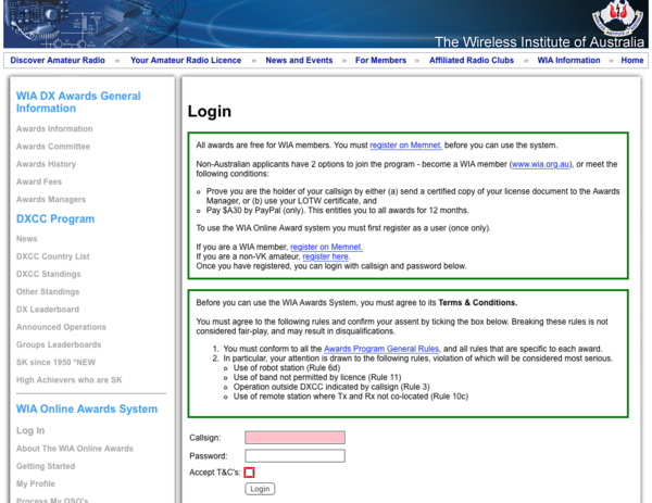 WIA online systremのログイン画面
